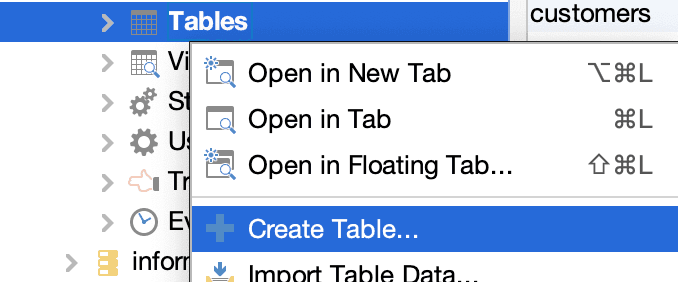 Selecting create table in the dropdown