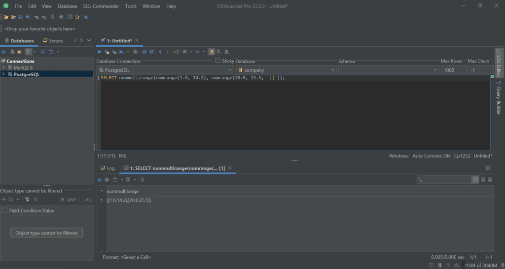 Creating a multirange in DbVisualizer