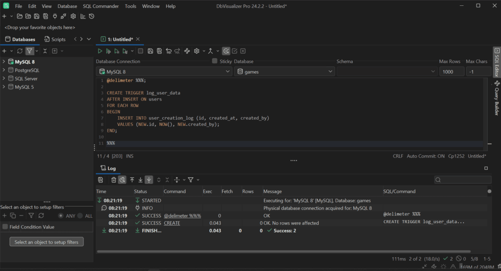 Launching the trigger creation query in DbVisualizer