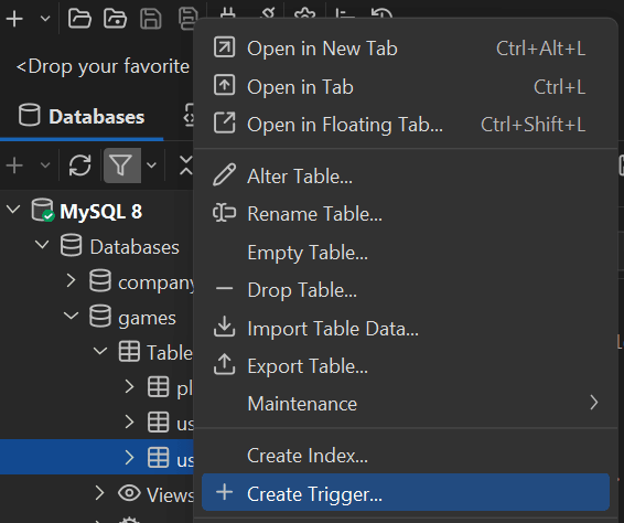 Selecting the Create Trigger… option in DbVisualizer