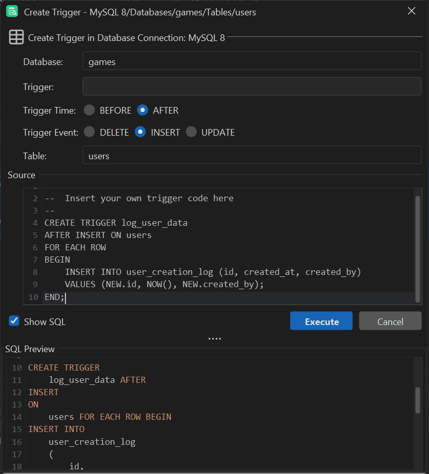 The trigger creation popup in DbVisualizer