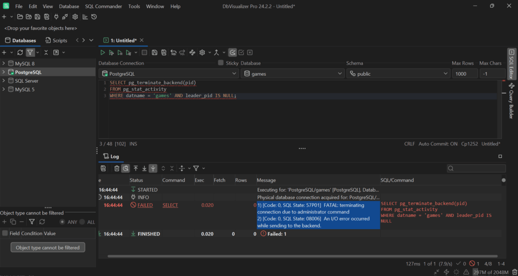 Executing the query in DbVisualizer with a connection to the target database