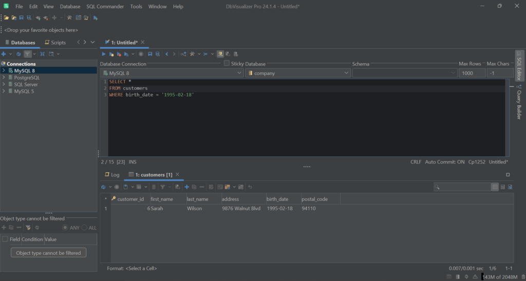 Executing the date equality query in DbVisualizer