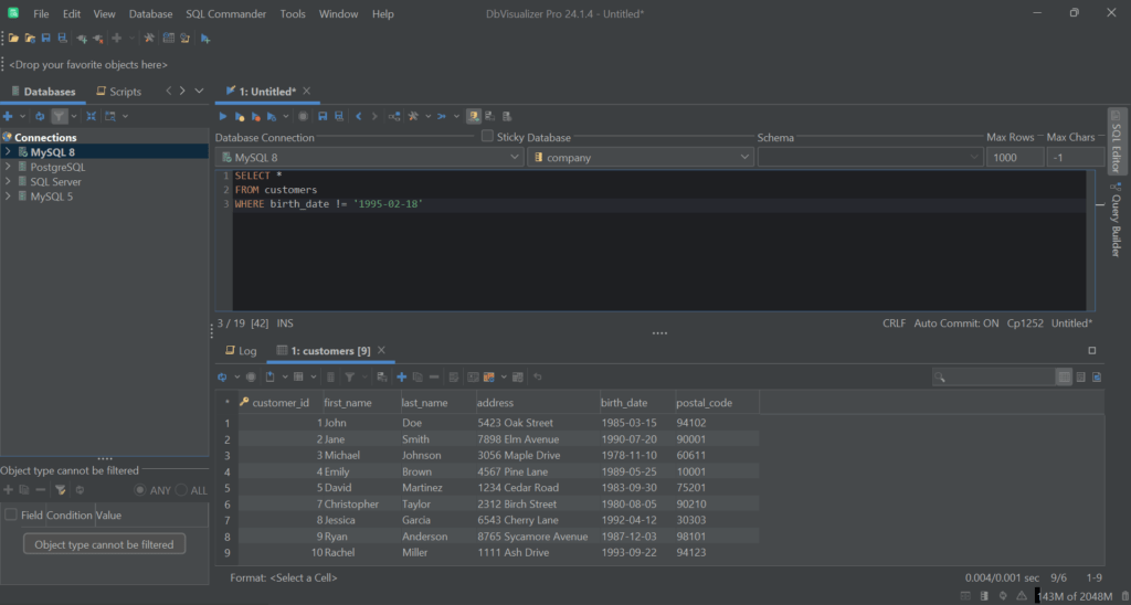 Executing the date inequality query in DbVisualizer