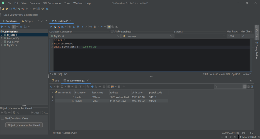 Executing the query in DbVisualizer