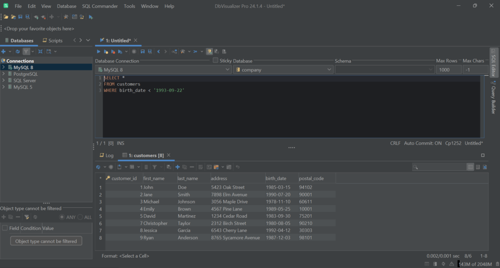 Executing the query in DbVisualizer